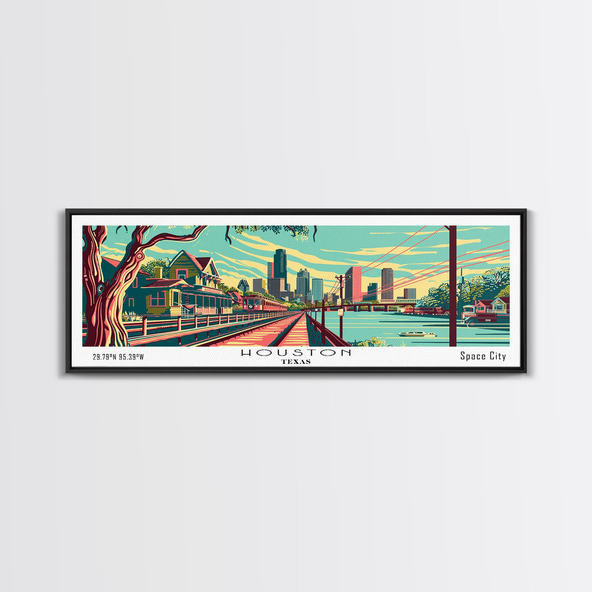 Houston Texas Panoramic Travel Poster Framed Canvas Print, Mid Century Modern Art, Pop Art Style, Wall Art, Living Room Decor, Home Decor, Retro Style Art