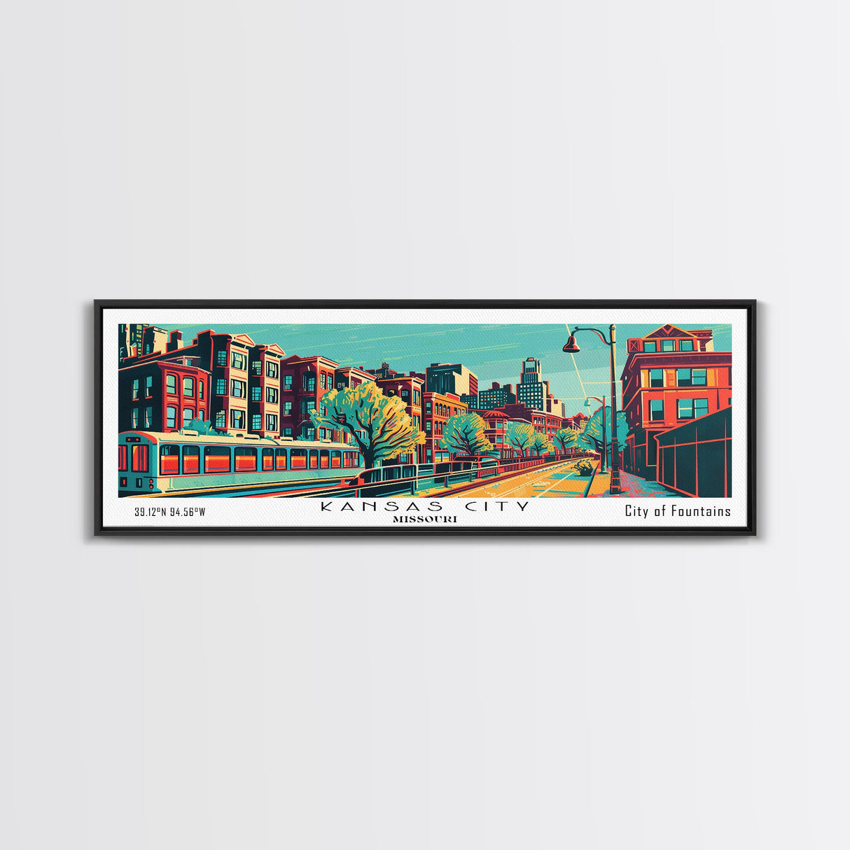 Kansas City Missouri Panoramic Travel Poster Framed Canvas Print, Mid Century Modern Art, Pop Art Style, Wall Art, Wall Decor, Home Decor, Retro Style Art