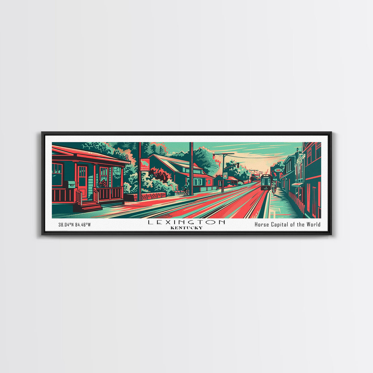 Lexington Kentucky Panoramic Painting Framed Canvas Print, Travel Poster, Mid Century Modern Art, Pop Art Style, Wall Decor, Office Art