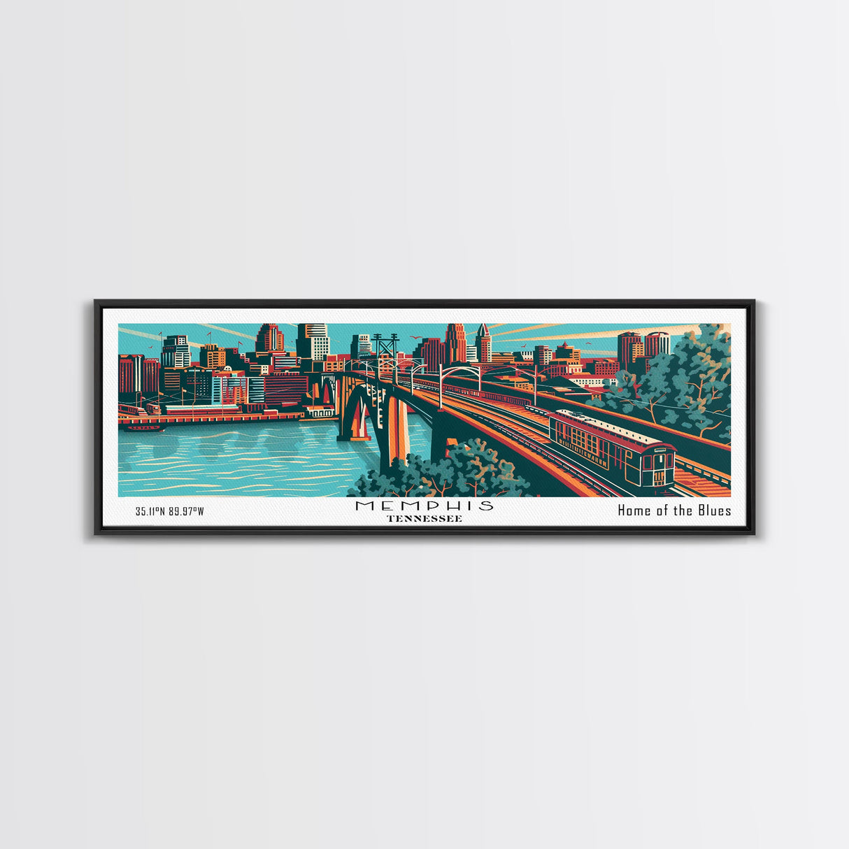 Memphis Tennessee Panoramic Painting Framed Canvas Print, Travel Poster, Mid Century Modern Art, Pop Art Style, Wall Decor, Retro Style Art