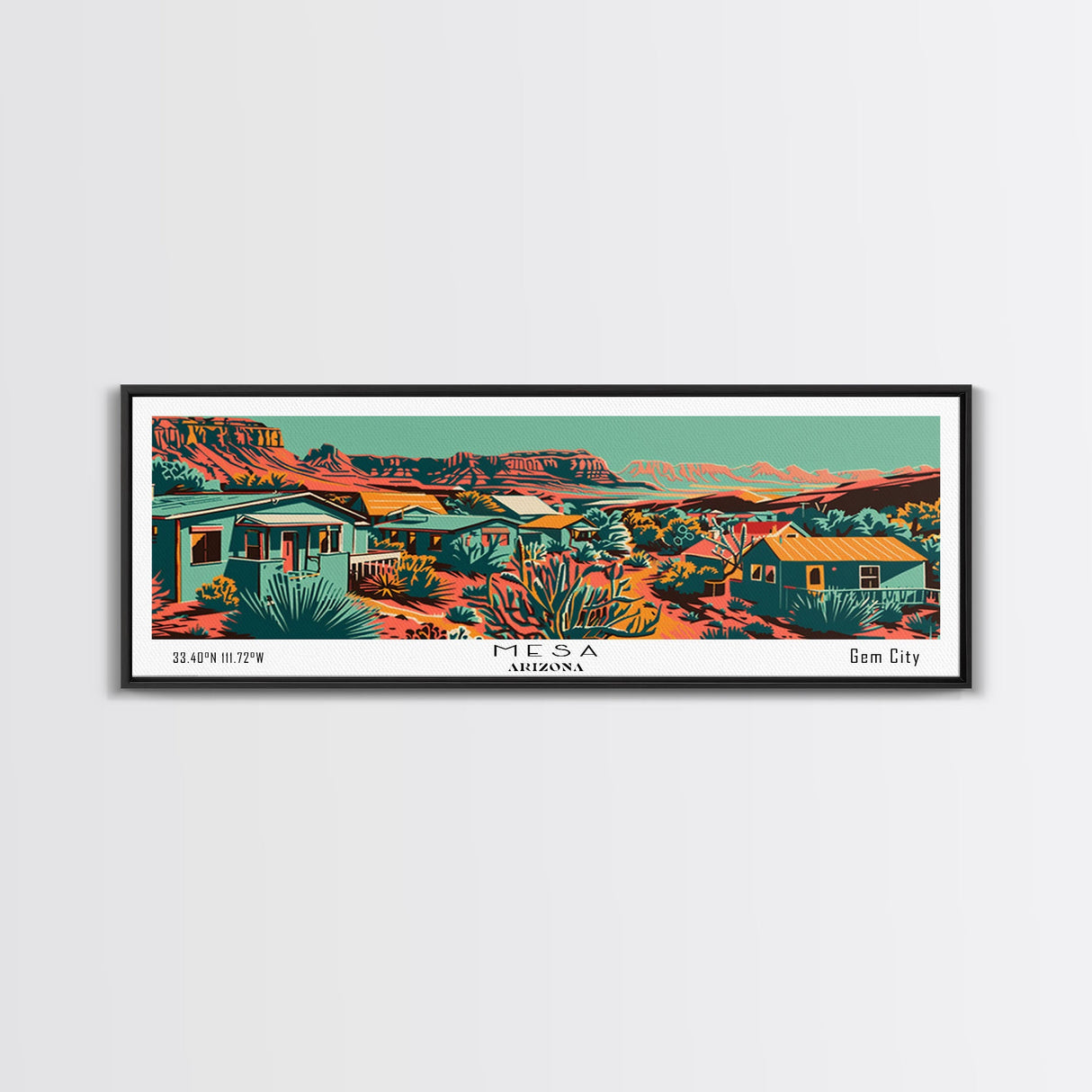 Mesa Arizona Panoramic Travel Poster Framed Canvas Print, Mid Century Modern Art, Pop Art Style, Wall Art, Home Decor, Office Wall Art