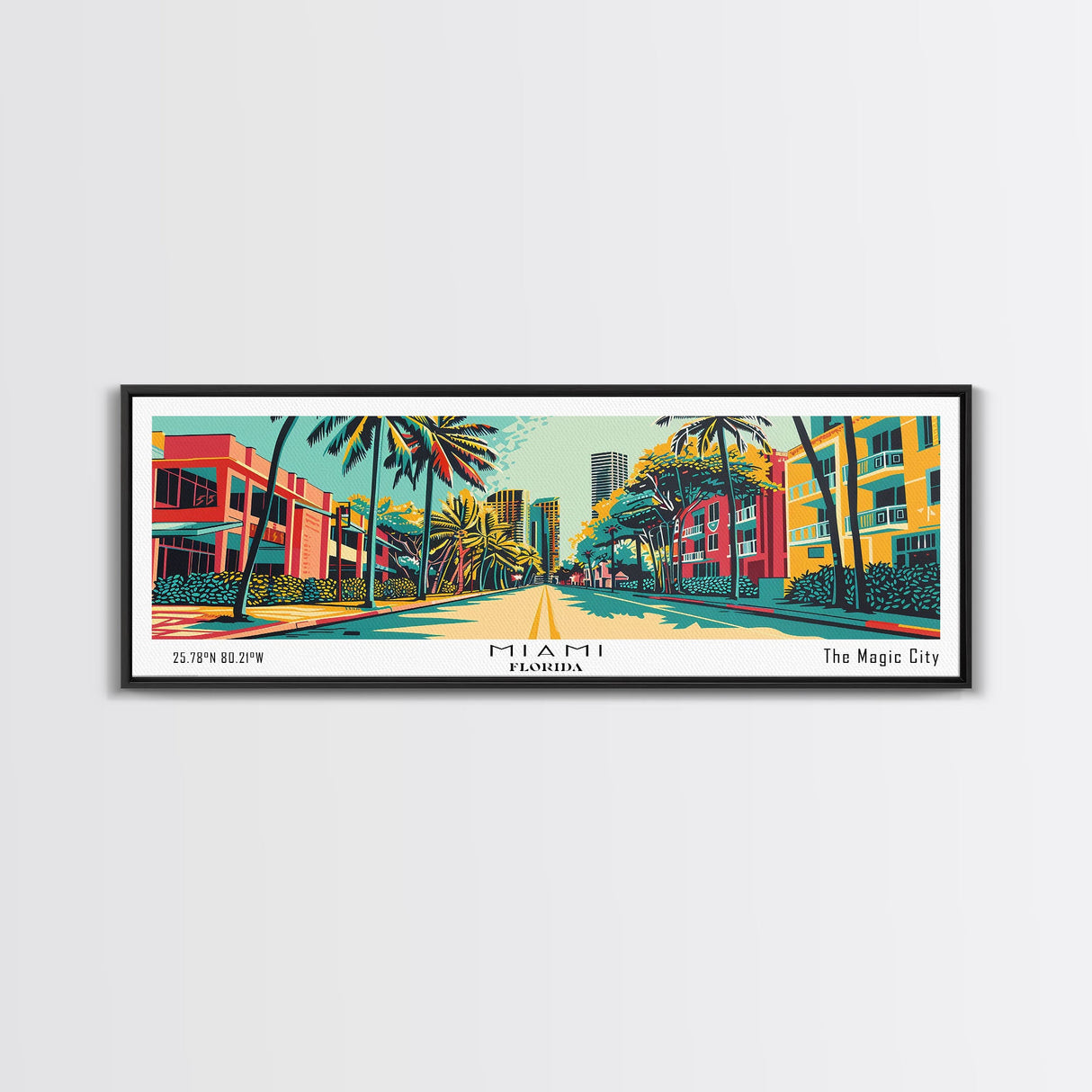 Miami Florida Panoramic Painting Framed Canvas Print, Travel Poster, Mid Century Modern Art, Pop Art Style, Wall Decor, Office Wall Art