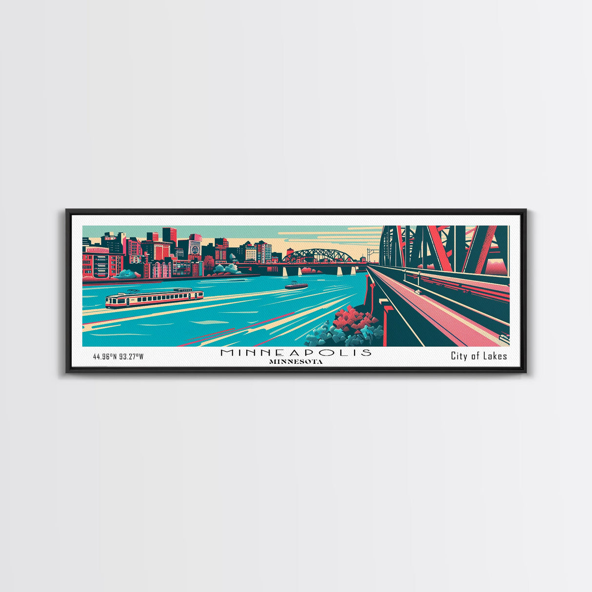 Minneapolis Minnesota Panoramic Wall Art Framed Canvas Print, Travel Poster, Mid Century Modern Art, Pop Art Style, Home Decor, Office Art