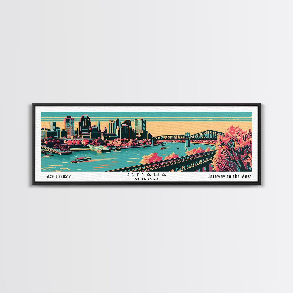 Omaha Nebraska Panoramic Painting Framed Canvas Print, Travel Poster, Mid Century Modern Art, Pop Art Style, Wall Art, Home Decor