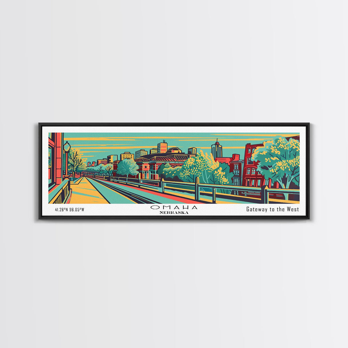 Omaha Nebraska Panoramic Painting Framed Canvas Print, Travel Poster, Mid Century Modern Art, Pop Art Style, Wall Art, Home Decor