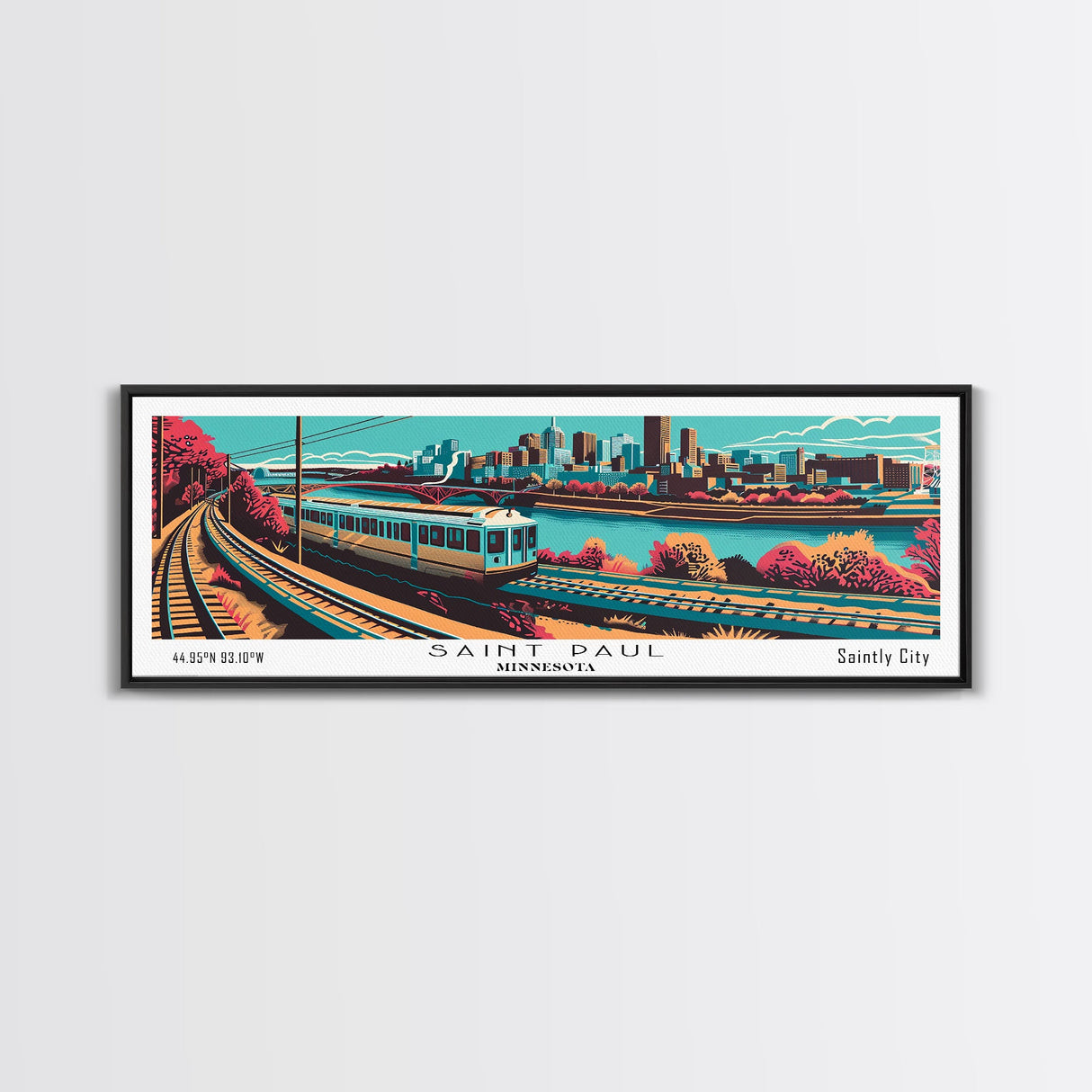 Saint Paul Minnesota Panoramic Travel Poster Framed Canvas Print, Mid Century Modern Art, Pop Art Style, Wall Art, Living Room Decor, Home Decor