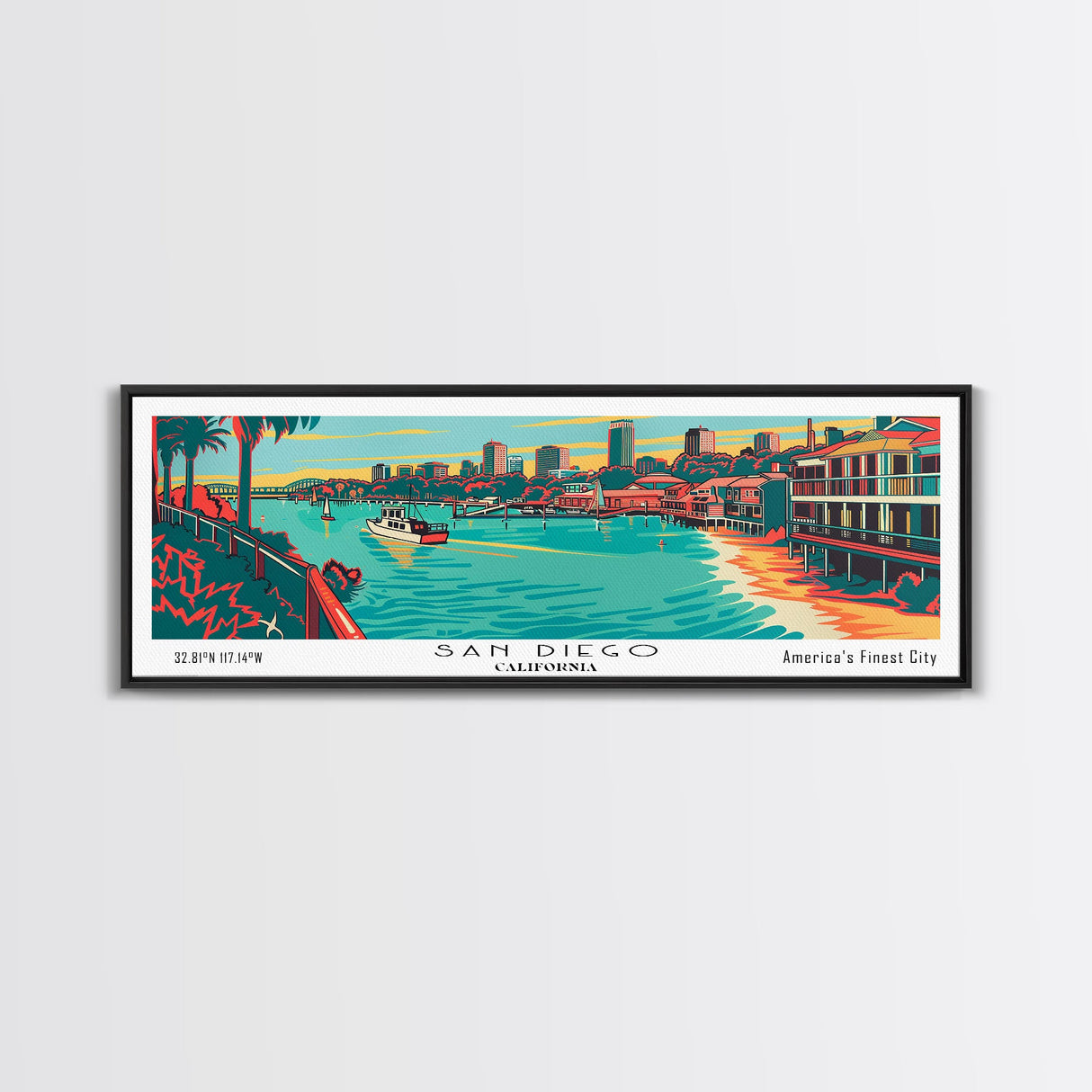 San Diego California Panoramic Painting Framed Canvas Print, Travel Poster, Mid Century Modern Art, Pop Art Style, Wall Decor, Living Room Art