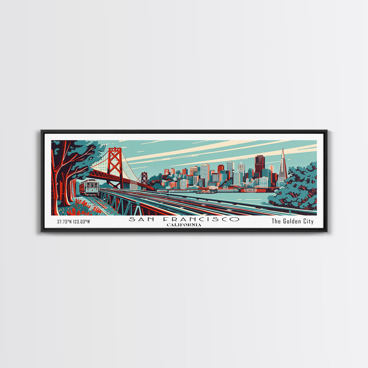 San Francisco California Panoramic Travel Poster Framed Canvas Print, Mid Century Modern Art, Pop Art Style, Wall Art, Home Decor, Retro Style Art