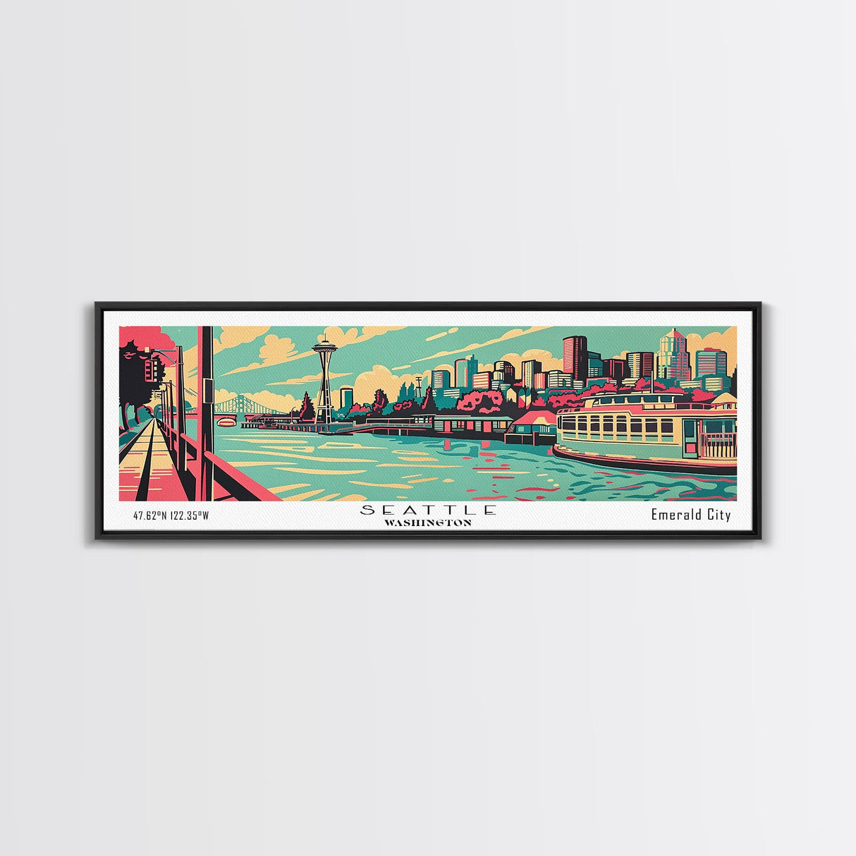 Seattle Washington Panoramic Painting Framed Canvas Print, Travel Poster, Mid Century Modern Art, Pop Art Style, Wall Decor, Home Decor