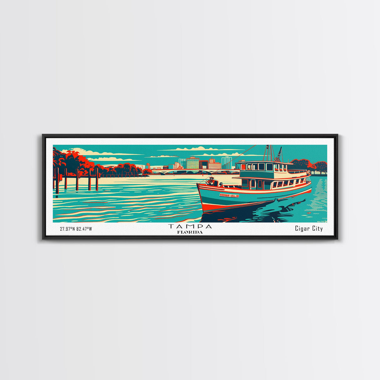 Tampa Florida Panoramic Travel Poster Framed Canvas Print, Mid Century Modern Art, Pop Art Style, Wall Art, Living Room Decor, Home Decor