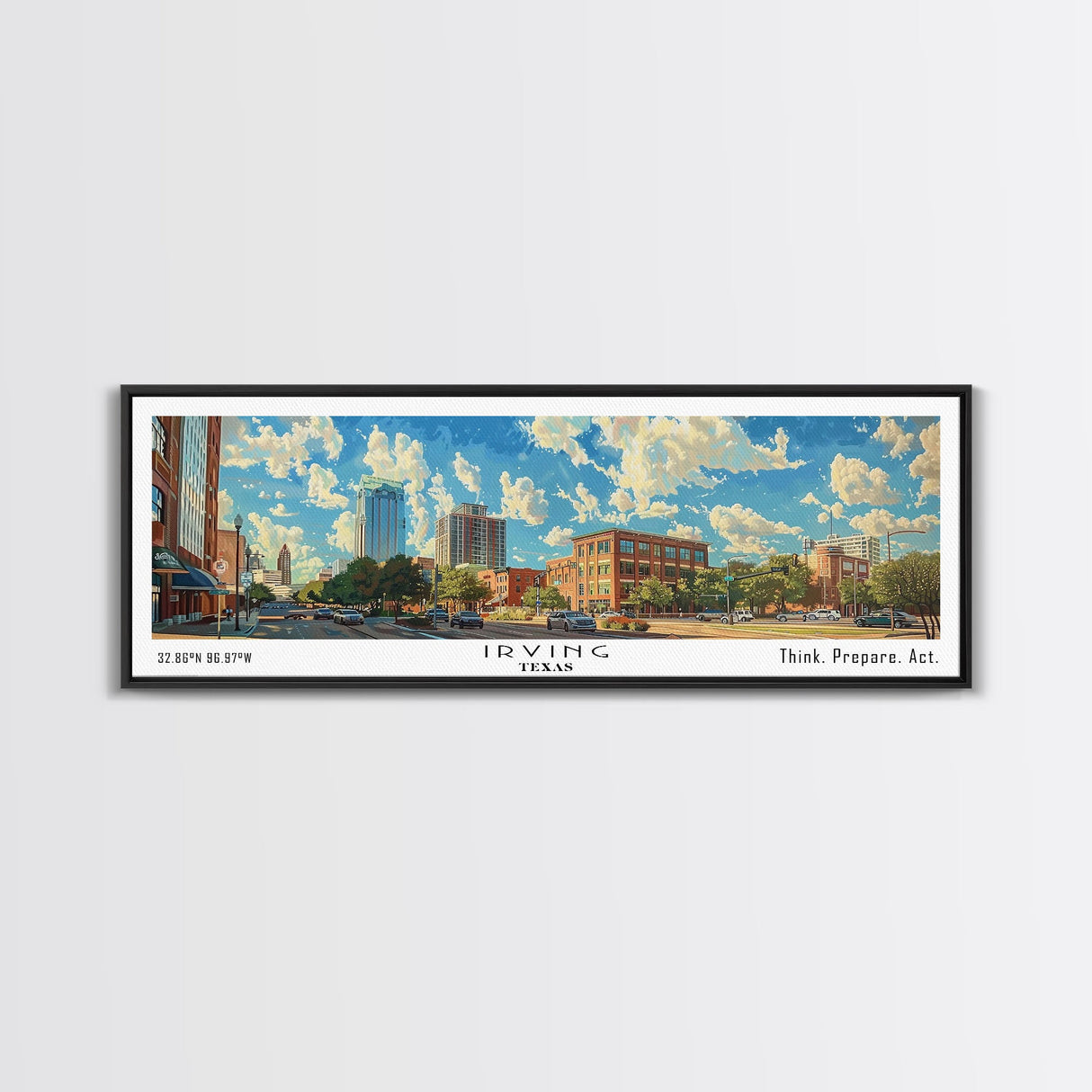 Irving Texas Panoramic Wall Art, Watercolor Framed Canvas Print, Urban Cityscape for Living Room, Travel Poster, Home Decoration