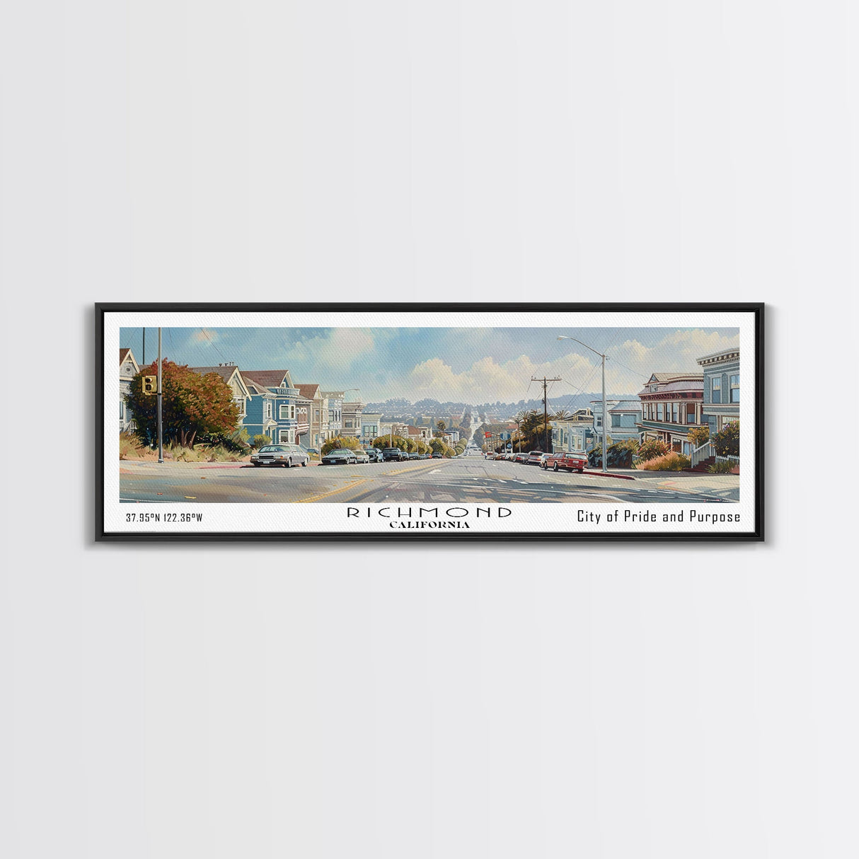 Richmond California Panoramic Print, Trendy Framed Canvas Print, Travel Poster Art, Home Decor, Wall Art, Gift Idea