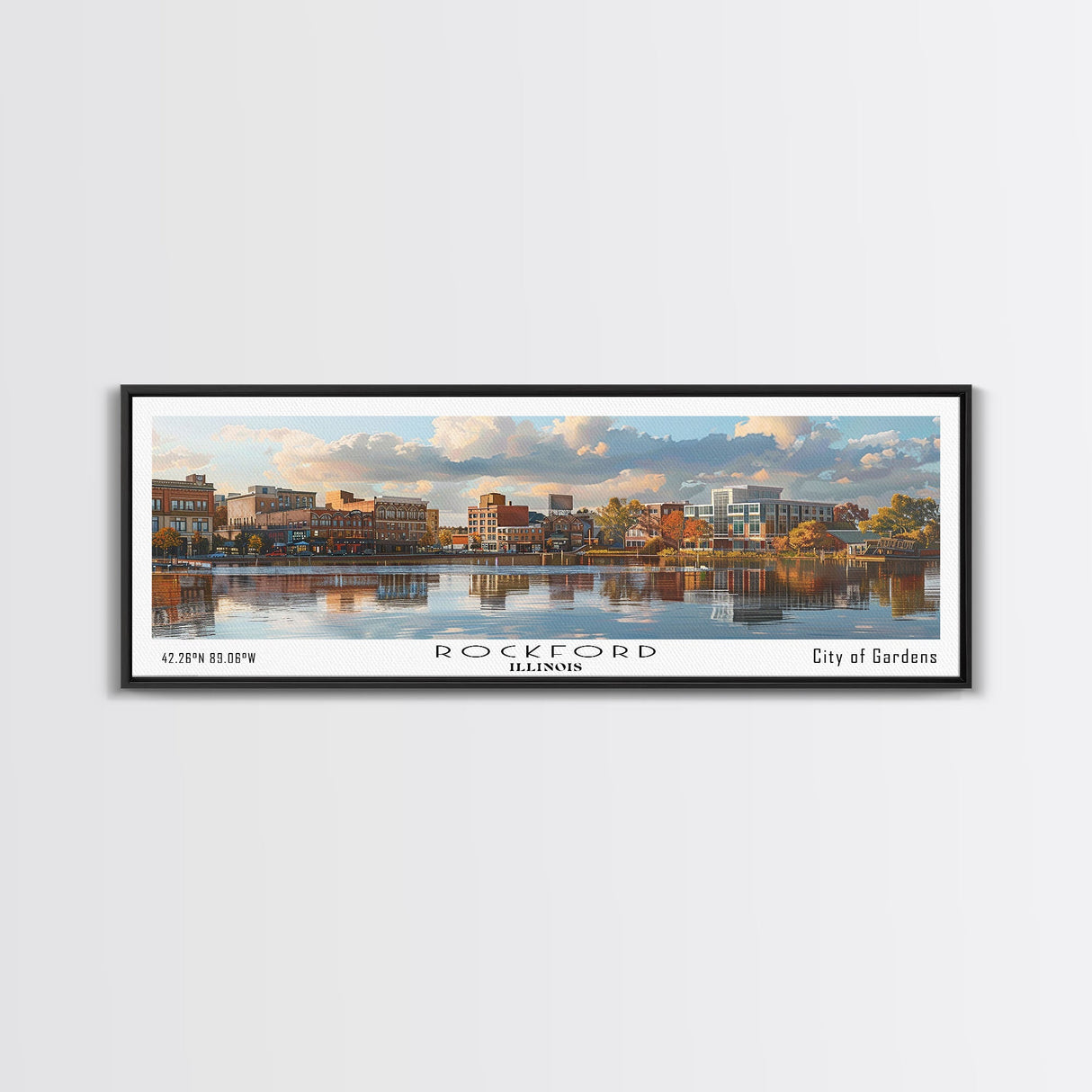 Rockford Illinois Panoramic Print, Trendy Framed Canvas Print, City Travel Poster, Home Decor, Office Wall Art, Gift Idea