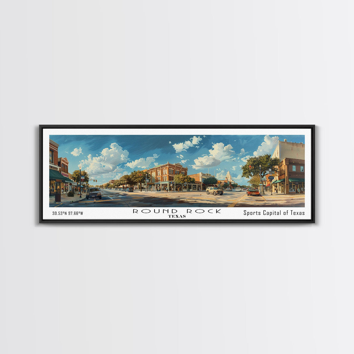 Round Rock Texas Panoramic Print, Elegant Framed Canvas Print, Travel Poster Art, Living Room Decor, Home Wall Art