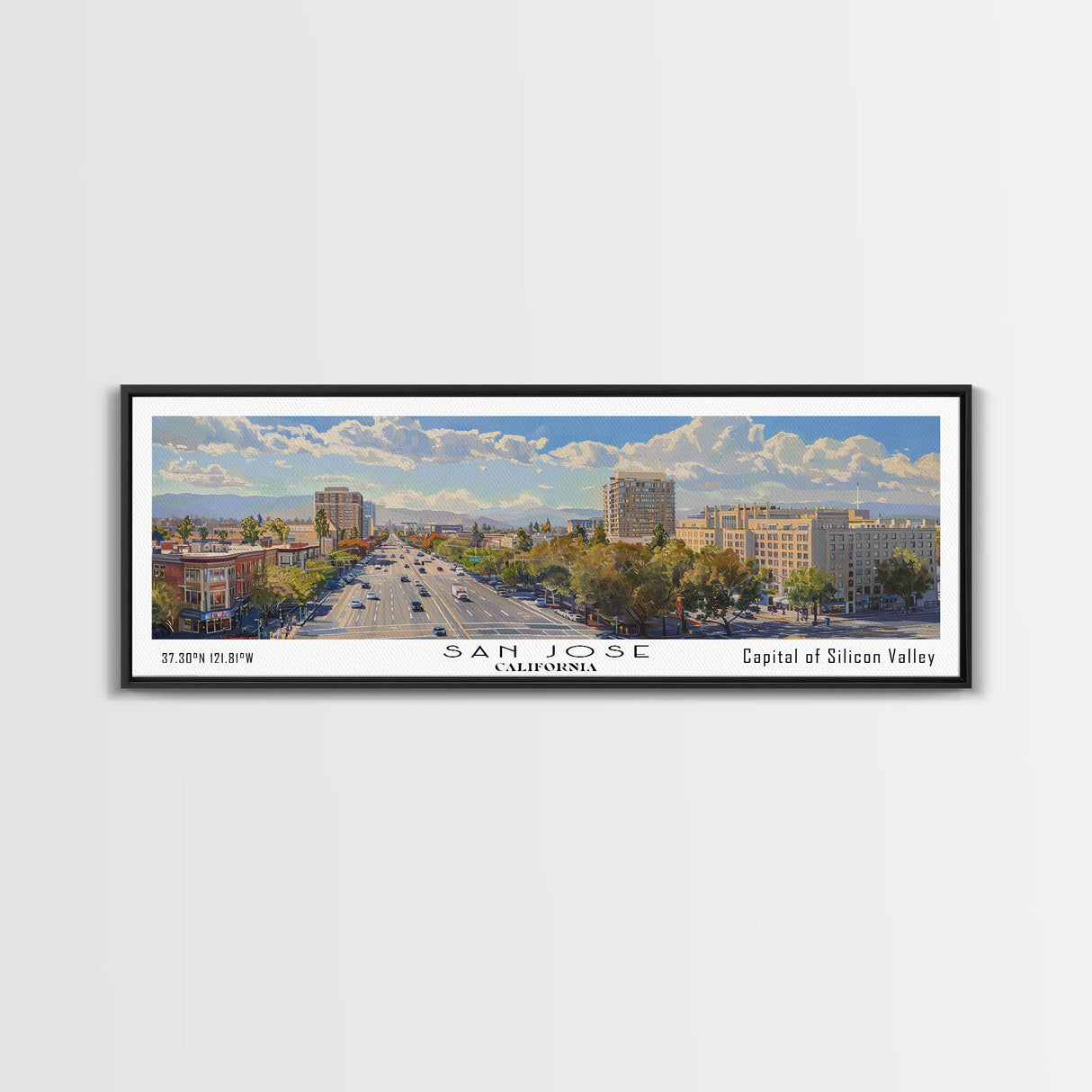 San Jose California Panoramic Print, Artistic Framed Canvas Print, City Travel Poster, Home Decoration, Office Wall Art