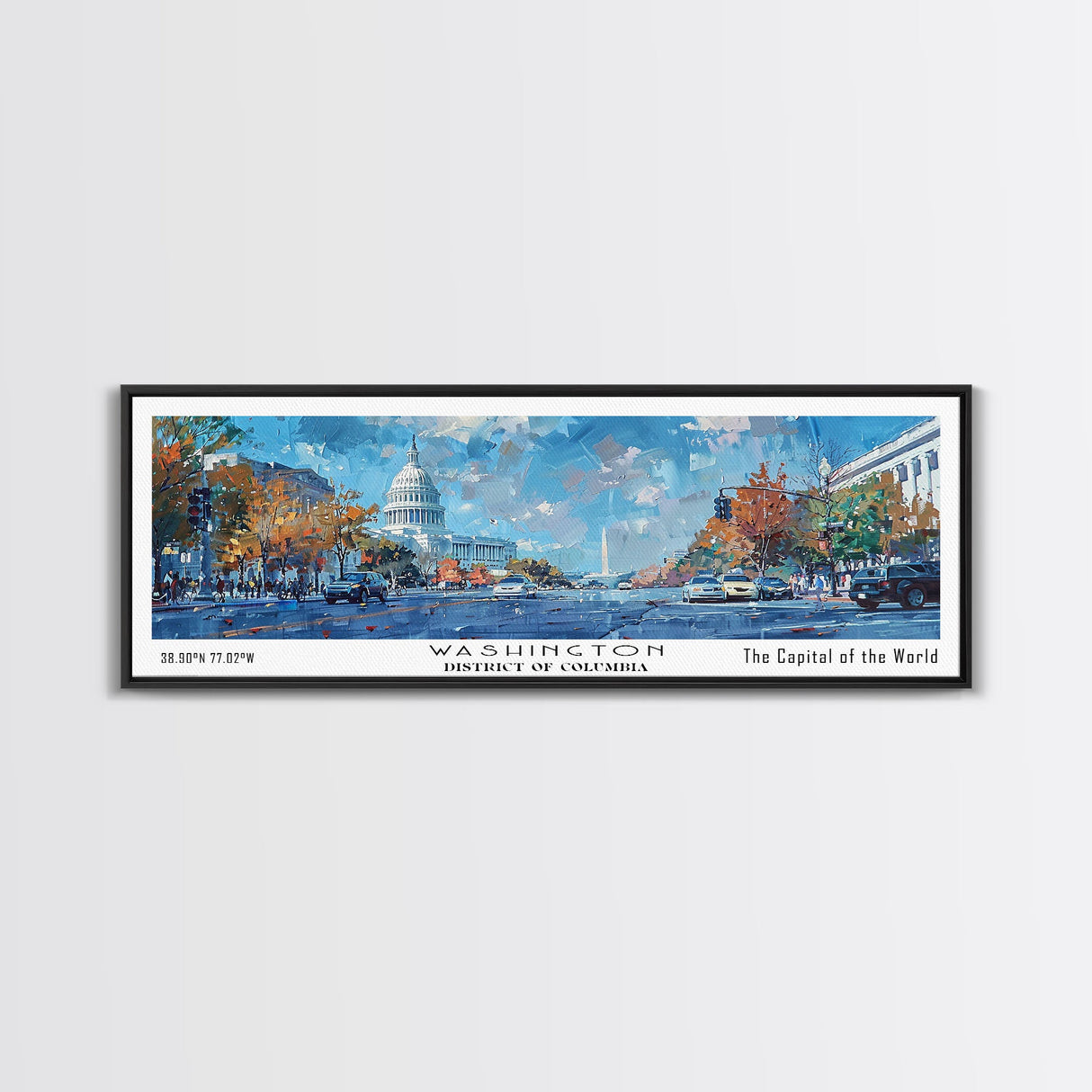 Washington DC Panoramic Framed Canvas Print, Retro Style Travel Poster, Artistic Wall Art, Unique Office Decor, Living Room Gift, Original Artwork