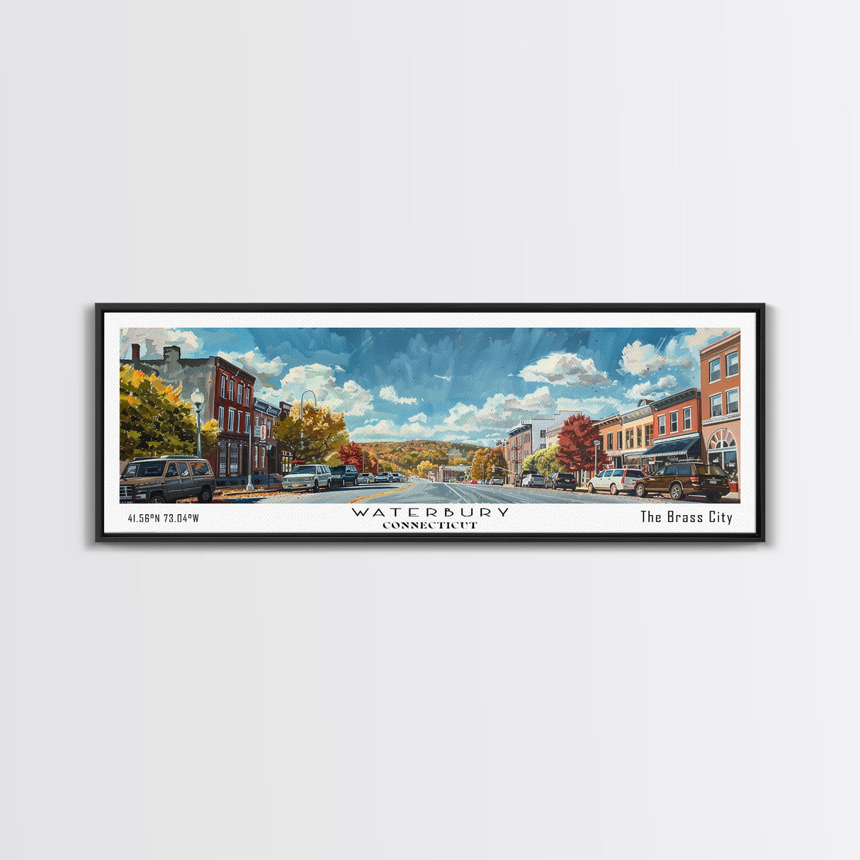 Waterbury Connecticut Panoramic Painting, Framed Canvas Print, Artistic Travel Poster, Retro Wall Art, Unique Office Decor, Living Room Gift