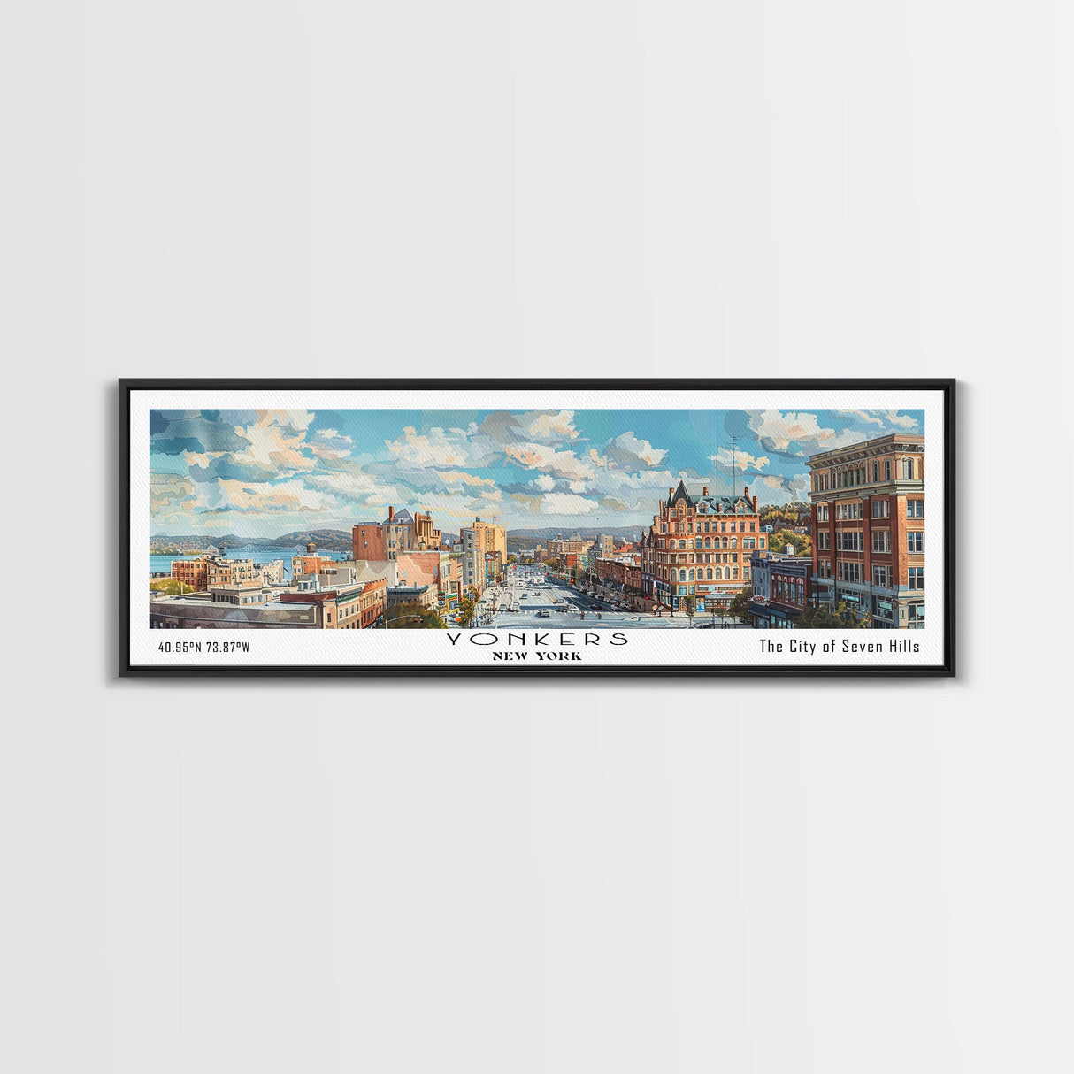 Yonkers New York Panoramic Framed Canvas Print, Retro Style Travel Poster, Artistic Wall Art, Unique Office Decor, Living Room Gift