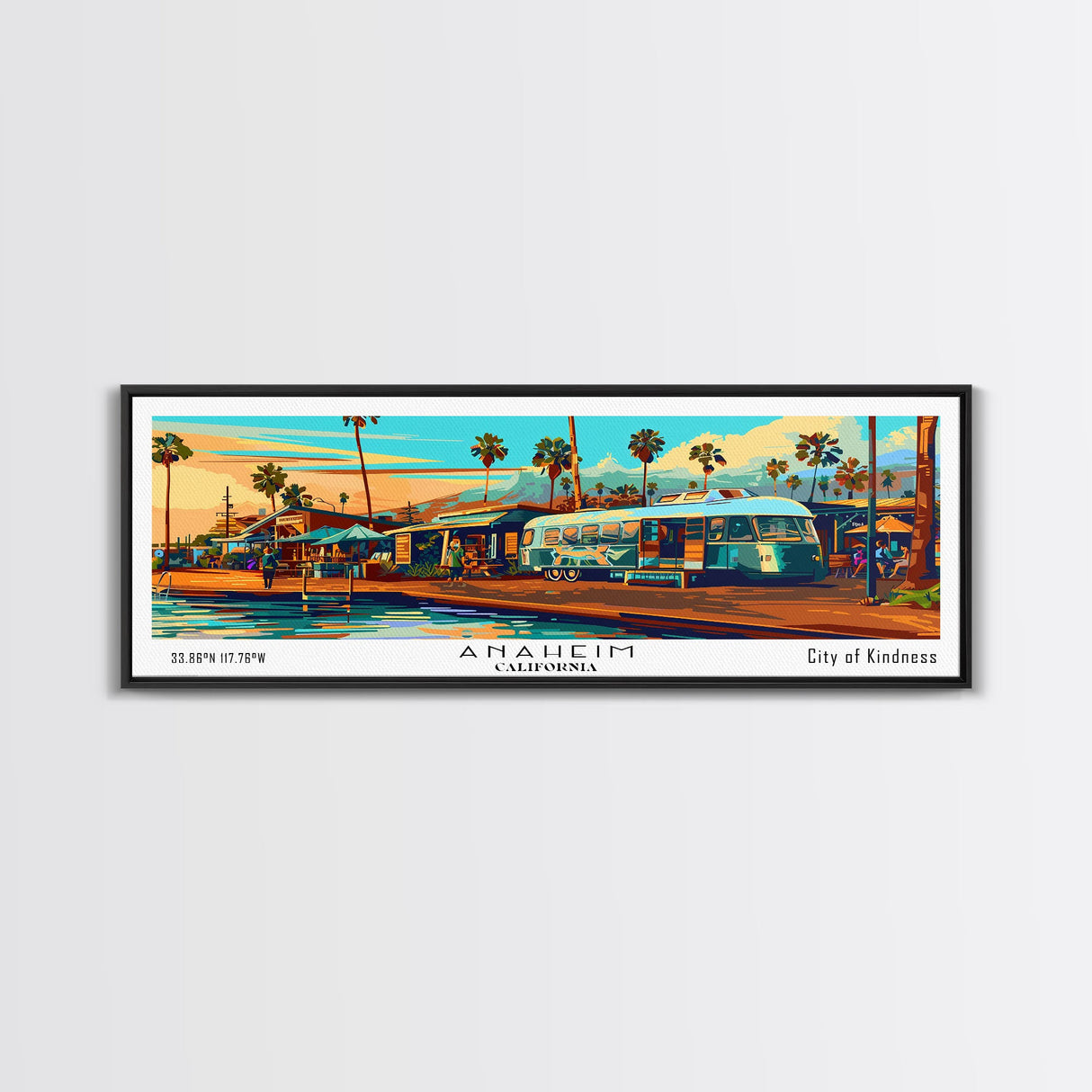 Anaheim California Panoramic Wall Art Framed Canvas Print, Mid Century Modern Art, Pop Art Style, Travel Poster, Home Decor, Retro Style