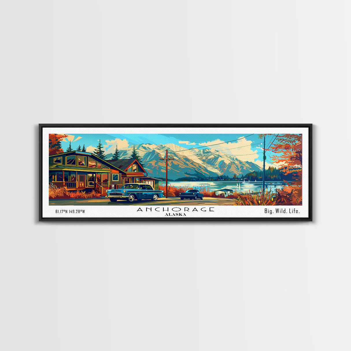 Anchorage Alaska Panoramic Travel Poster Framed Canvas Print, Mid Century Modern Art, Pop Art Style, Wall Art Decor, Home Decoration