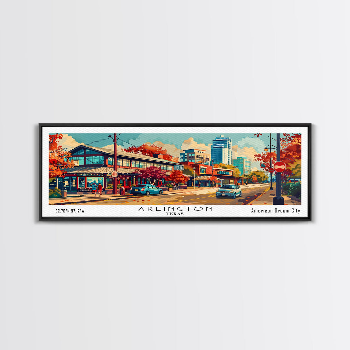 Arlington Texas Panoramic Painting Framed Canvas Print, Mid Century Modern Art, Pop Art Style, Travel Poster, Living Room Decor