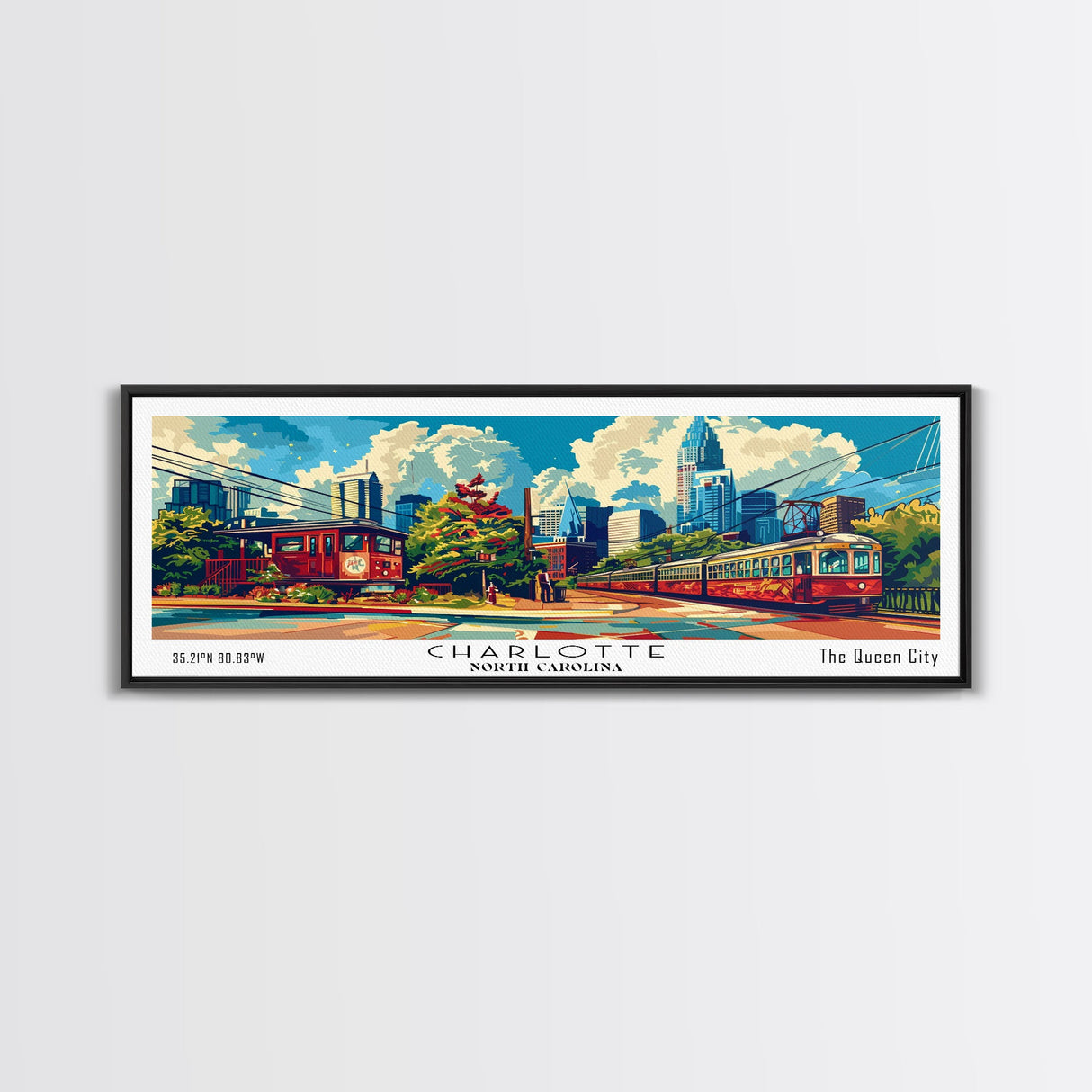 Charlotte North Carolina Panoramic Painting Framed Canvas Print, Mid Century Modern Art, Pop Art Style, Travel Poster, Wall Art Decor