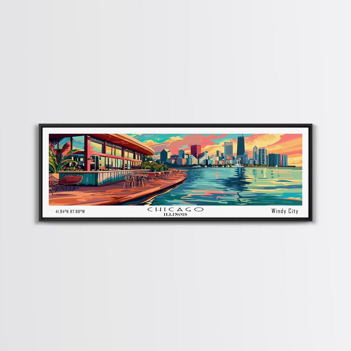 Chicago Illinois Panoramic Painting Framed Canvas Print, Mid Century Modern Art, Pop Art Style, Travel Poster, Living Room Decor