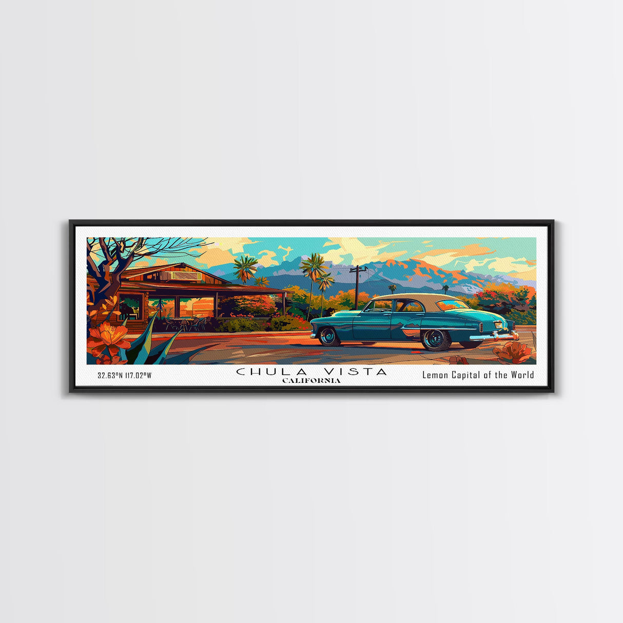 Chula Vista California Panoramic Wall Art Framed Canvas Print, Mid Century Modern Art, Pop Art Style, Travel Poster, Home Decor, Retro Style