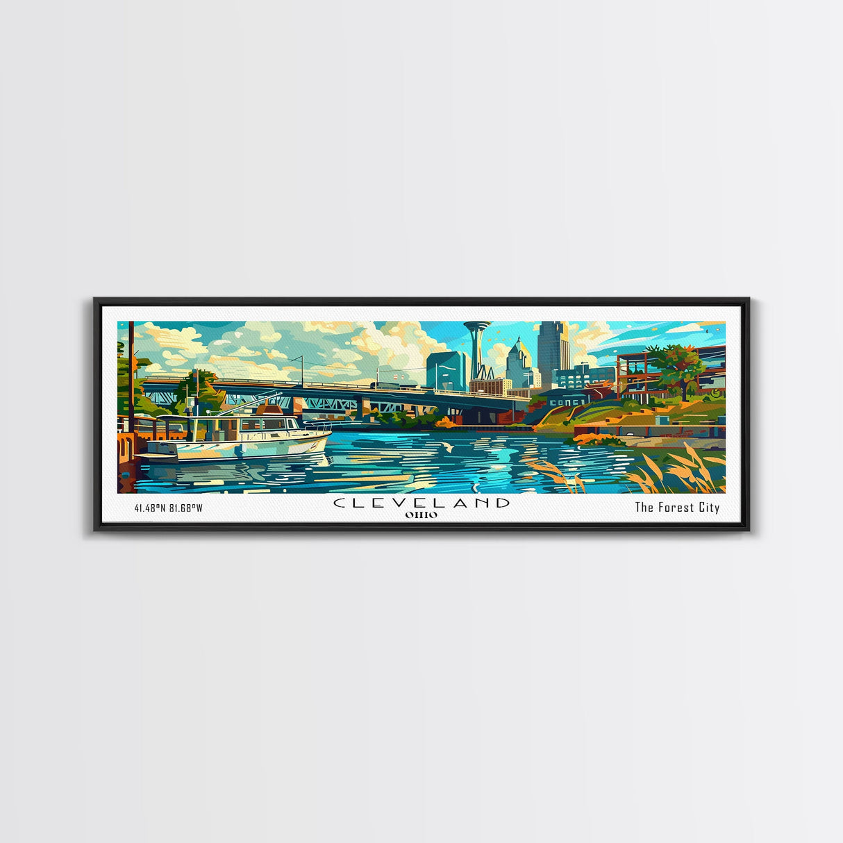 Cleveland Ohio Panoramic Wall Art Framed Canvas Print, Mid Century Modern Art, Pop Art Style, Travel Poster, Home Decor, Retro Style