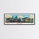 Durham North Carolina Panoramic Travel Poster Framed Canvas Print, Mid Century Modern Art, Pop Art Style, Wall Art Decor, Home Decoration