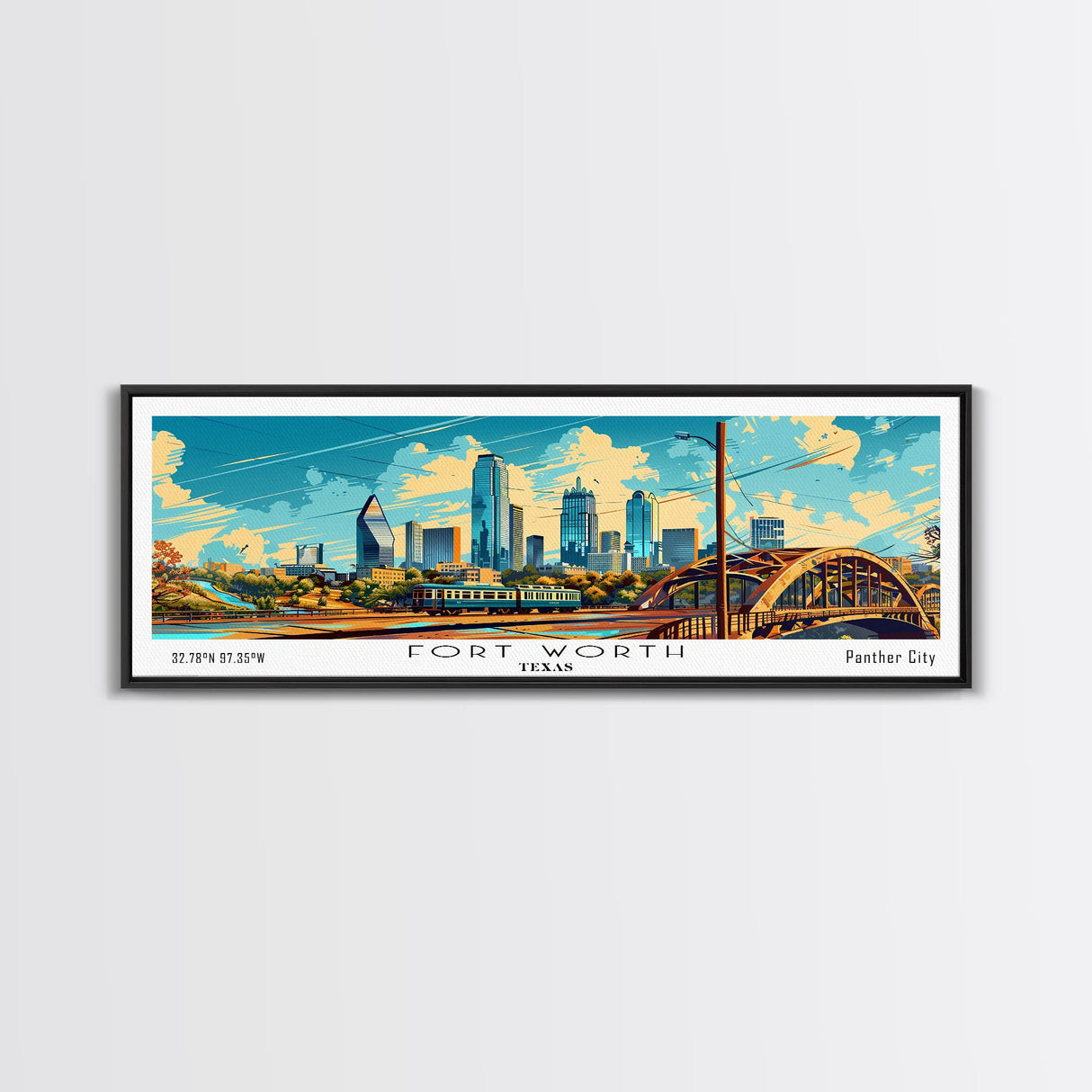 Forth Worth Texas Panoramic Painting Framed Canvas Print, Mid Century Modern Art, Pop Art Style, Travel Poster, Living Room Decor