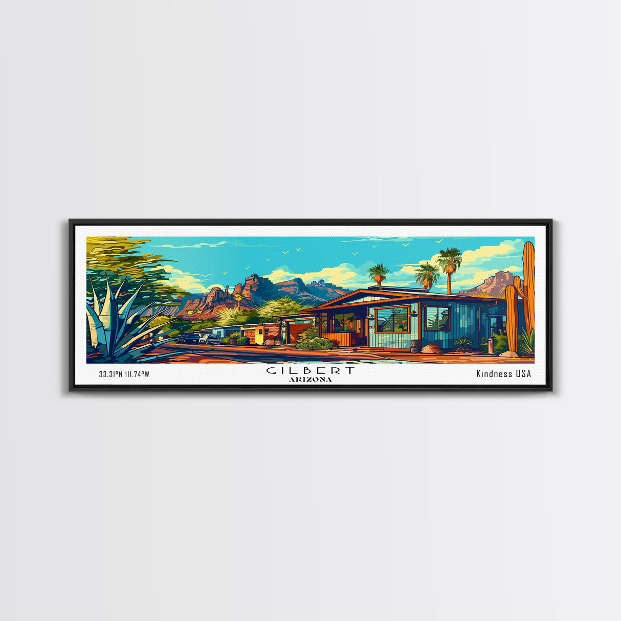 Gilbert Arizona Panoramic Wall Art Framed Canvas Print, Mid Century Modern Art, Pop Art Style, Travel Poster, Home Decor, Retro Style