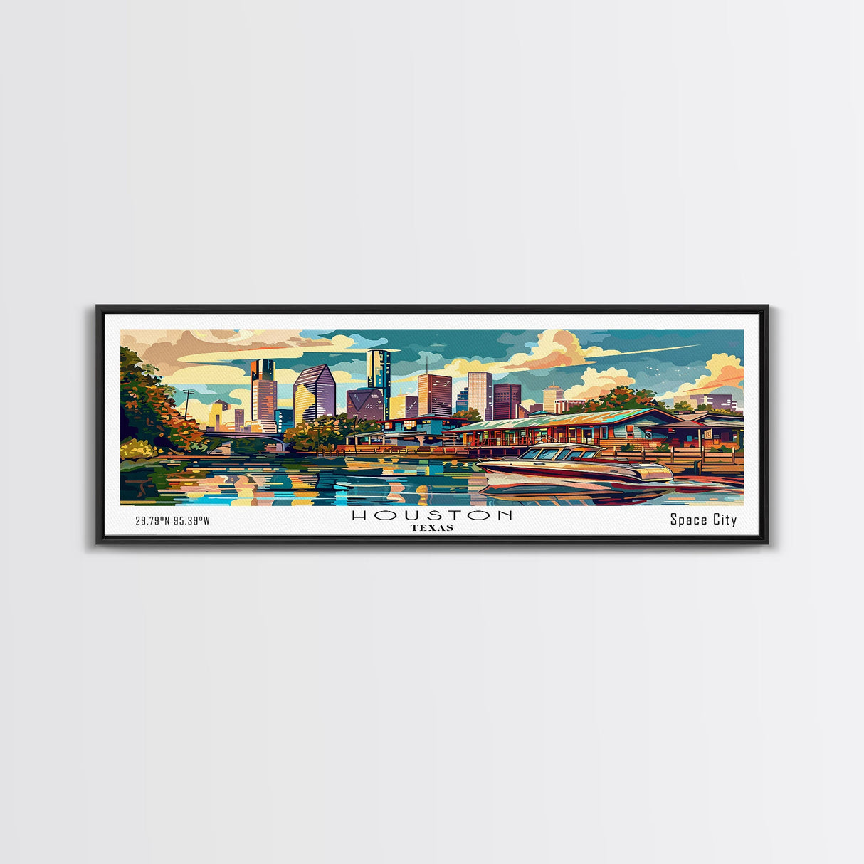 Houston Texas Panoramic Painting Framed Canvas Print, Mid Century Modern Art, Pop Art Style, Travel Poster, Wall Art Decor