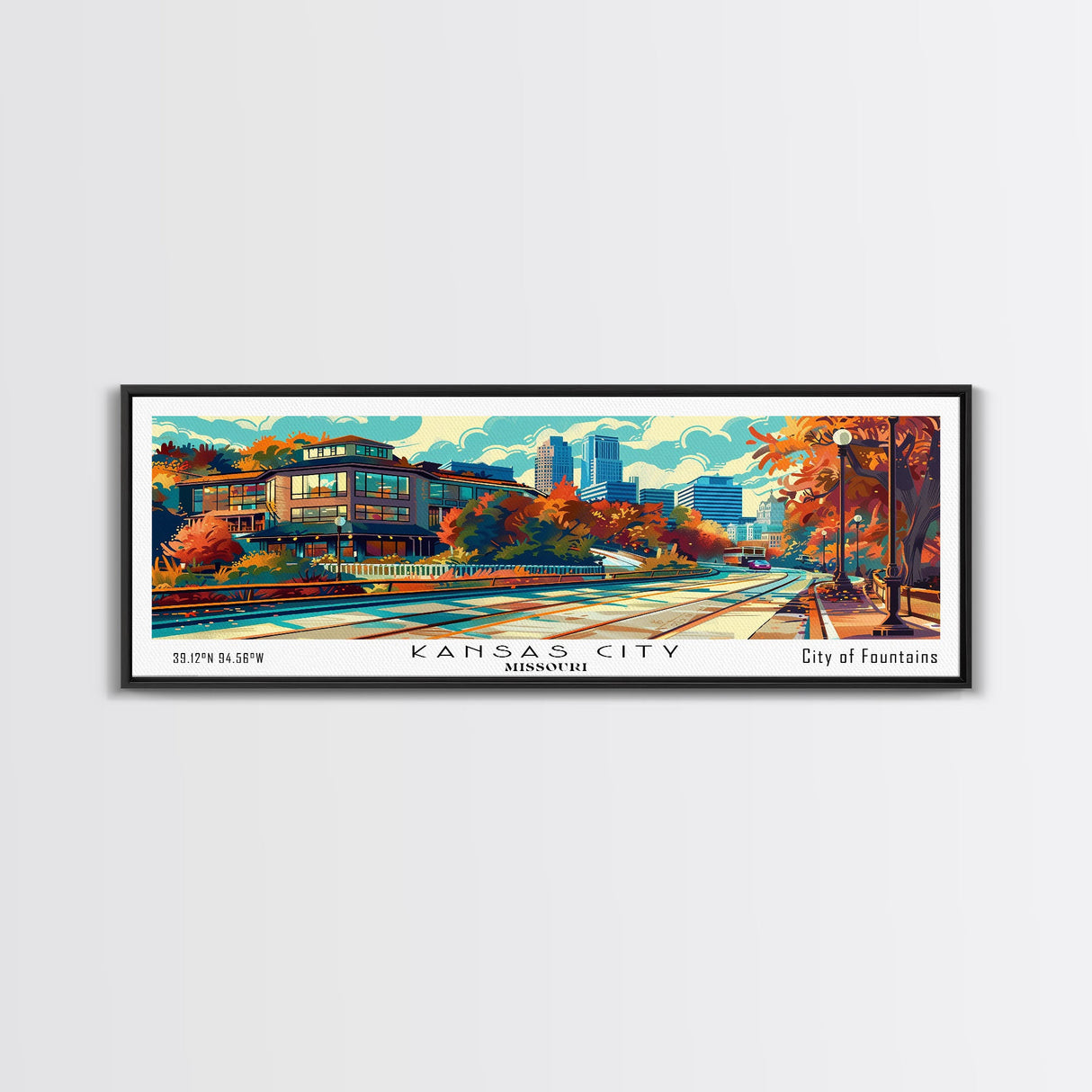 Kansas City Missouri Panoramic Painting, Mid Century Modern Framed Canvas Print, Pop Art Wall Hanging, Retro Travel Poster