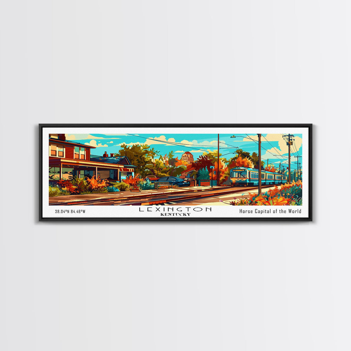 Lexington Kentucky Panoramic Framed Canvas Print, Mid Century Modern Pop Art, Retro Wall Art Decor, Travel Poster Painting