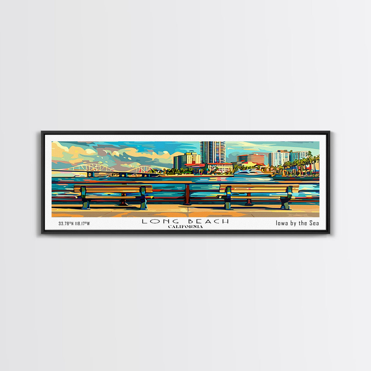 Long Beach California Panoramic Painting, Retro Style Framed Canvas Print, Mid Century Modern Wall Art, Pop Art Travel Poster