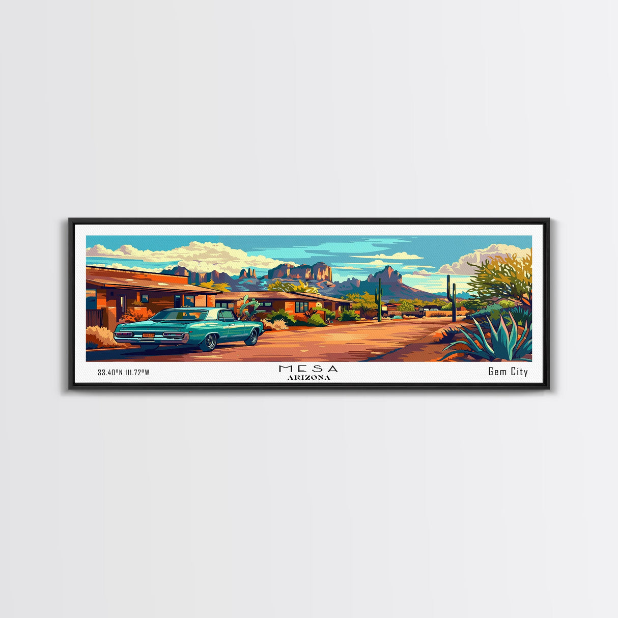 Mesa Arizona Panoramic Painting, Mid Century Modern Framed Canvas Print, Retro Style Wall Art, Pop Art Travel Poster