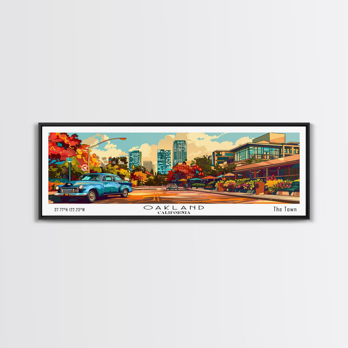 Oakland California Panoramic Wall Art, Pop Art Framed Canvas Print, Mid Century Modern Home Decor, Retro Style Travel Poster