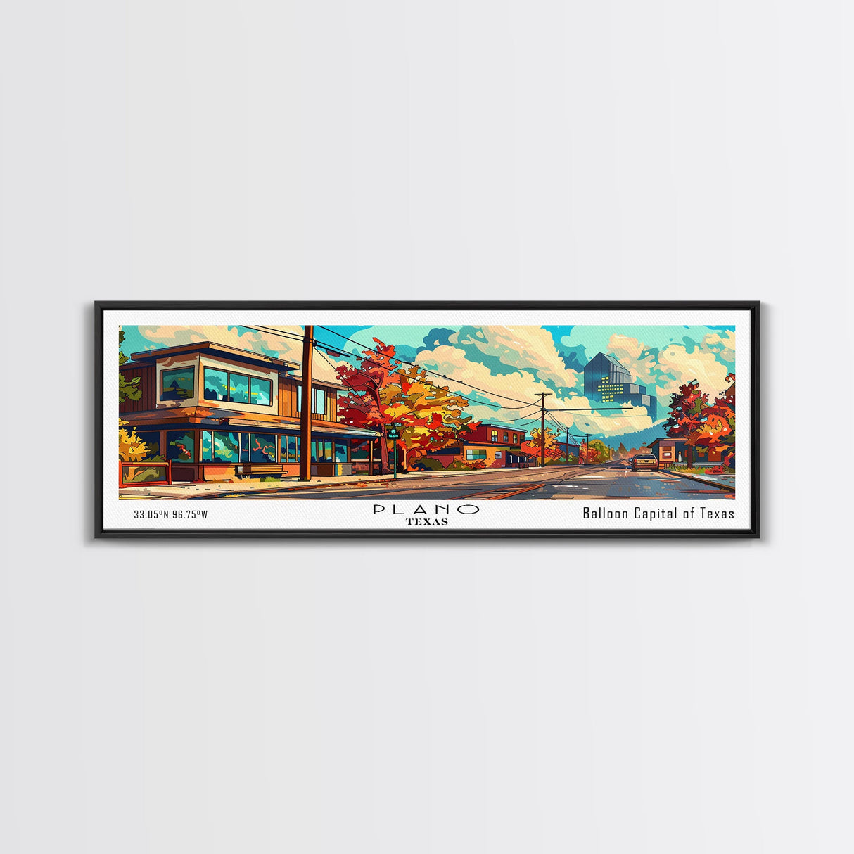 Plano Texas Panoramic Wall Art, Mid Century Modern Framed Canvas Print, Retro Pop Art Travel Poster, Home Decor