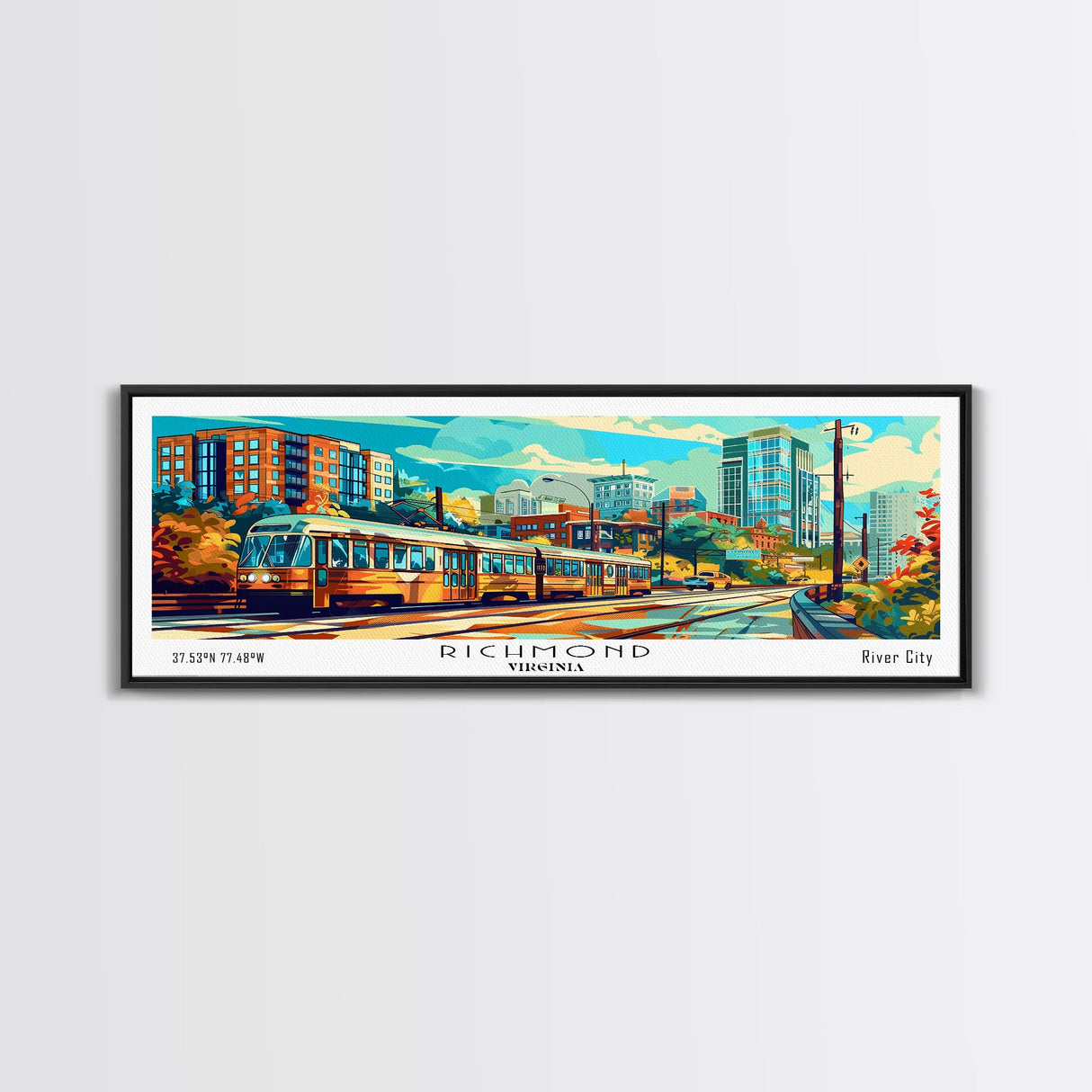 Richmond Virginia Panoramic Wall Art, Pop Art Framed Canvas Print, Mid Century Modern Home Decor, Retro Style Travel Poster