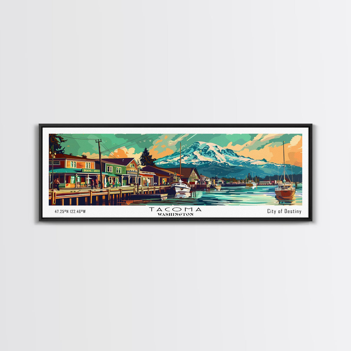 Tacoma Washington Panoramic Painting, Mid Century Modern Framed Canvas Print, Retro Pop Art Travel Poster, Wall Decor, Gift Idea