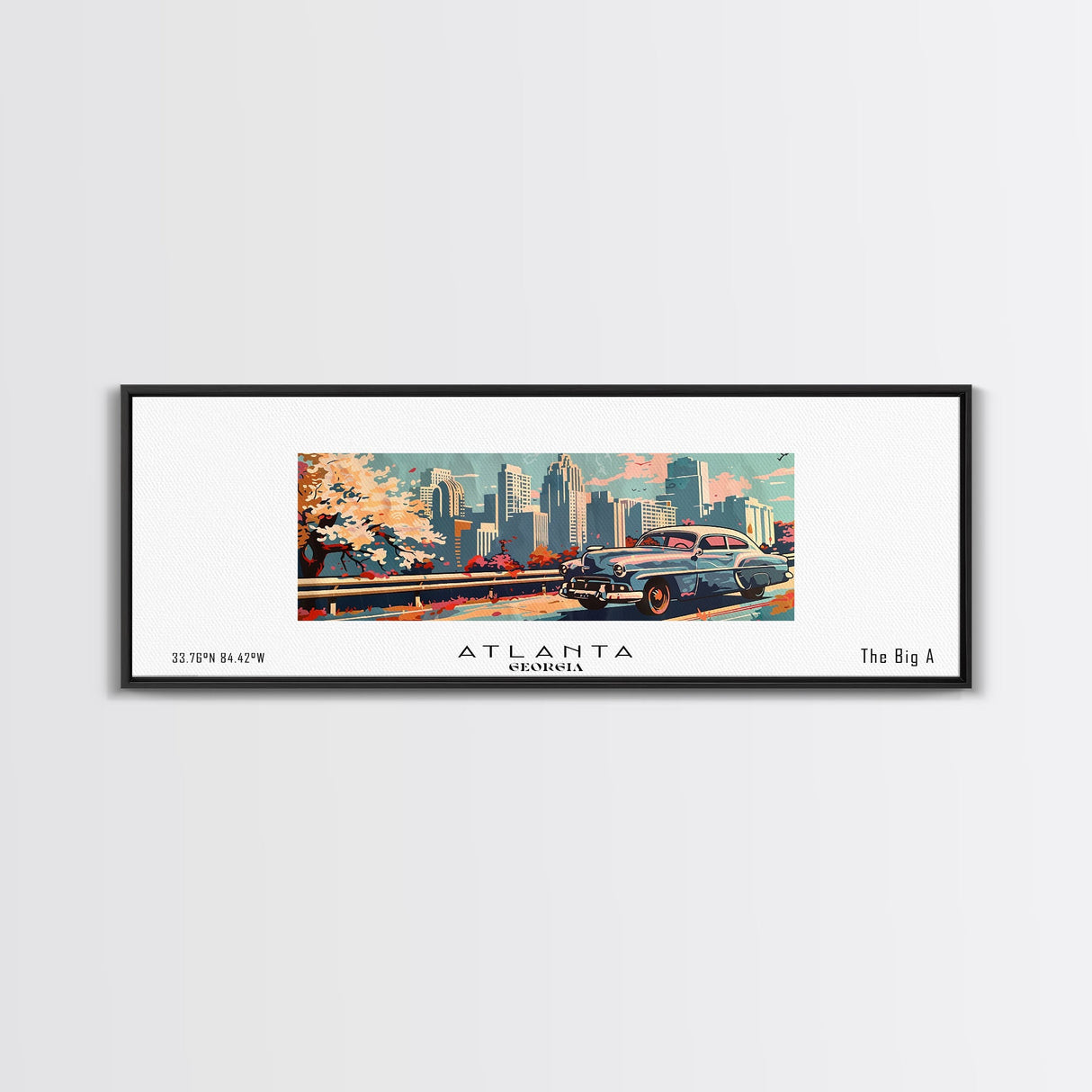 Atlanta Georgia Panoramic Painting, Mid Century Modern Framed Canvas Print, Retro Pop Art Travel Poster, Wall Decor, Gift Idea, Home Decor