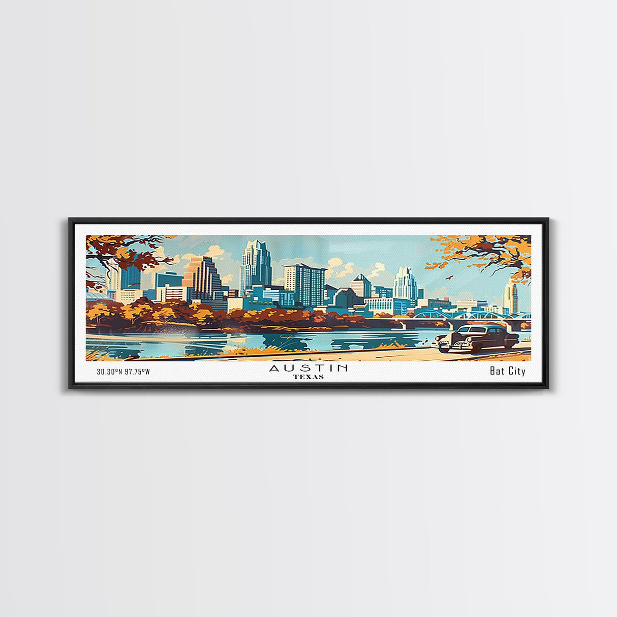 Austin Texas Panoramic Painting, Mid Century Modern Framed Canvas Print, Retro Pop Art Travel Poster, Wall Art, Home Decor, Office Art, Gift Idea