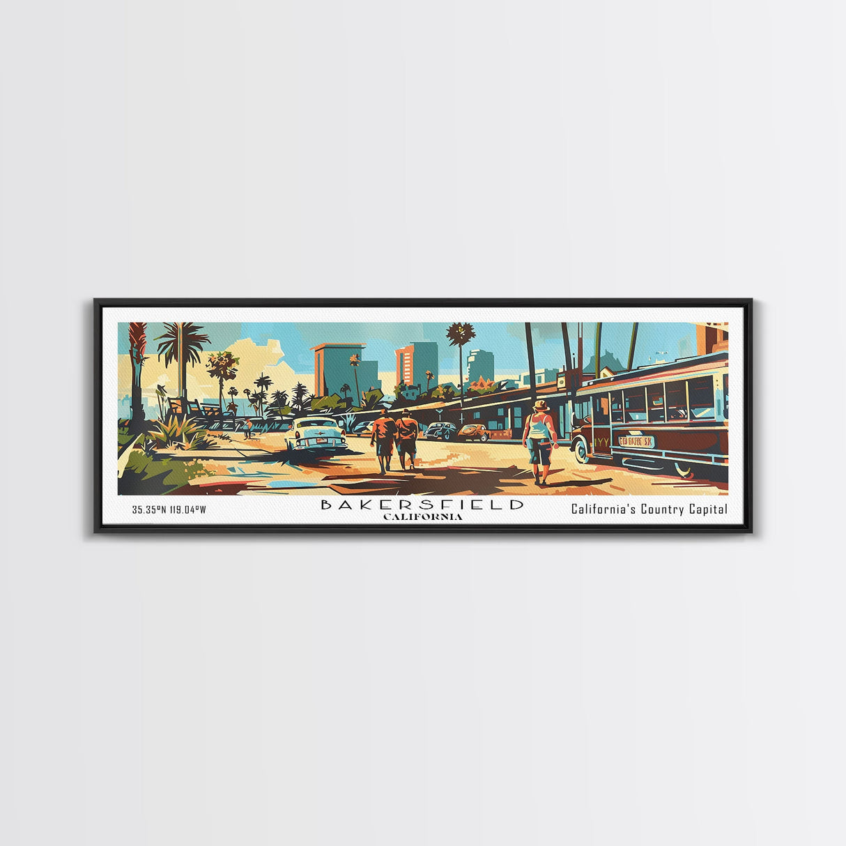 Bakersfield California Panoramic Wall Art, Mid Century Modern Framed Canvas Print, Retro Pop Art Travel Poster, Office Wall Art, Living Room Decor