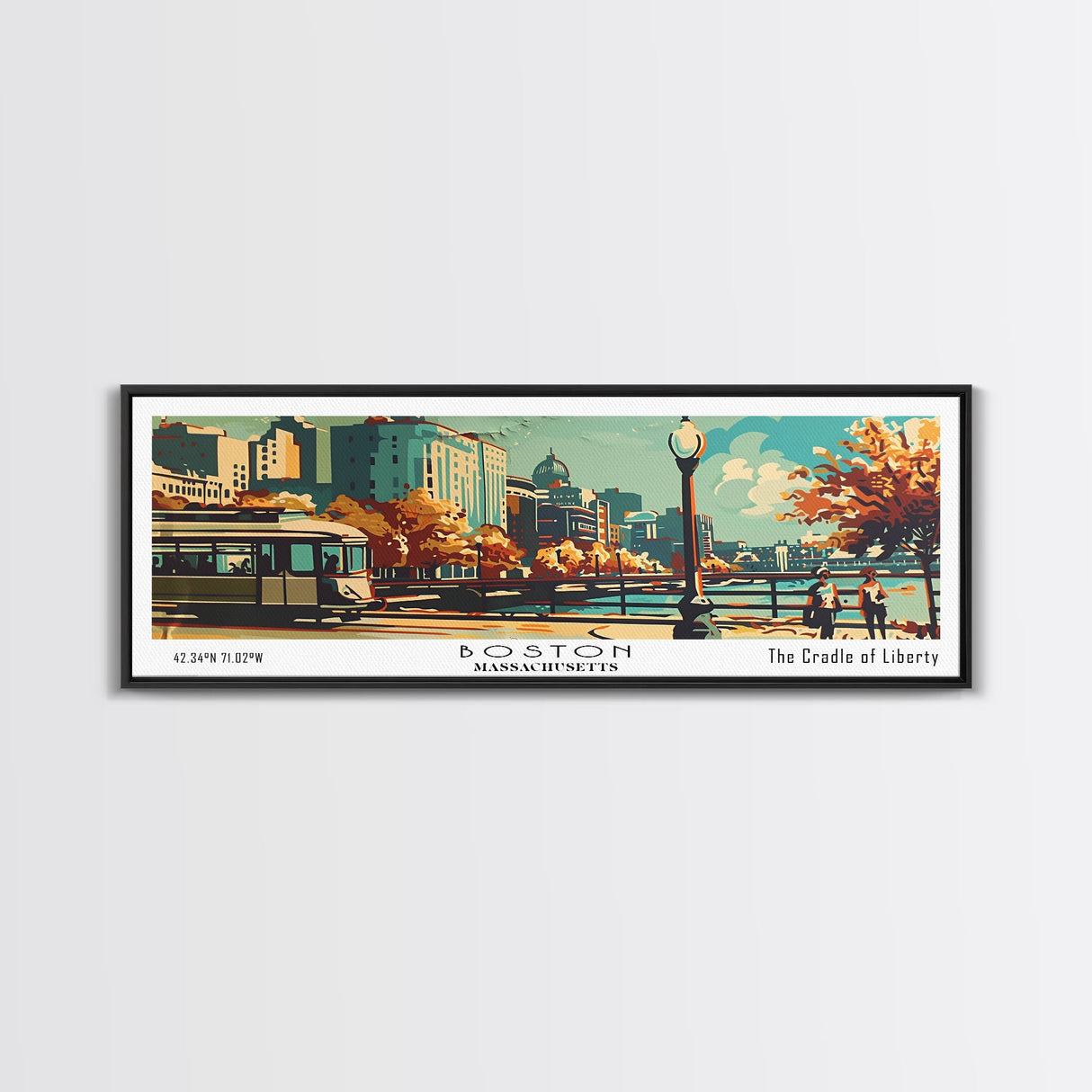 Boston Massachusetts Panoramic Wall Art, Mid Century Modern Framed Canvas Print, Retro Pop Art Travel Poster, Office Art, Living Room Decor