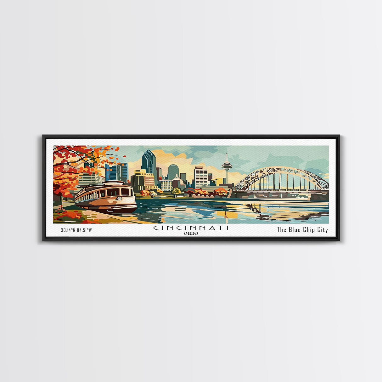 Cincinnati Ohio Panoramic Wall Art, Retro Pop Art Framed Canvas Print, Mid Century Modern Travel Poster, Living Room Decor, Wall Hanging, Office Art