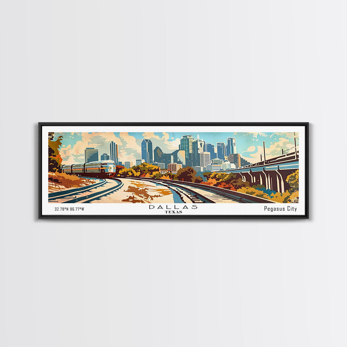 Dallas Texas Panoramic Wall Art, Retro Pop Art Framed Canvas Print, Mid Century Modern Travel Poster, Living Room Decor, Office Art