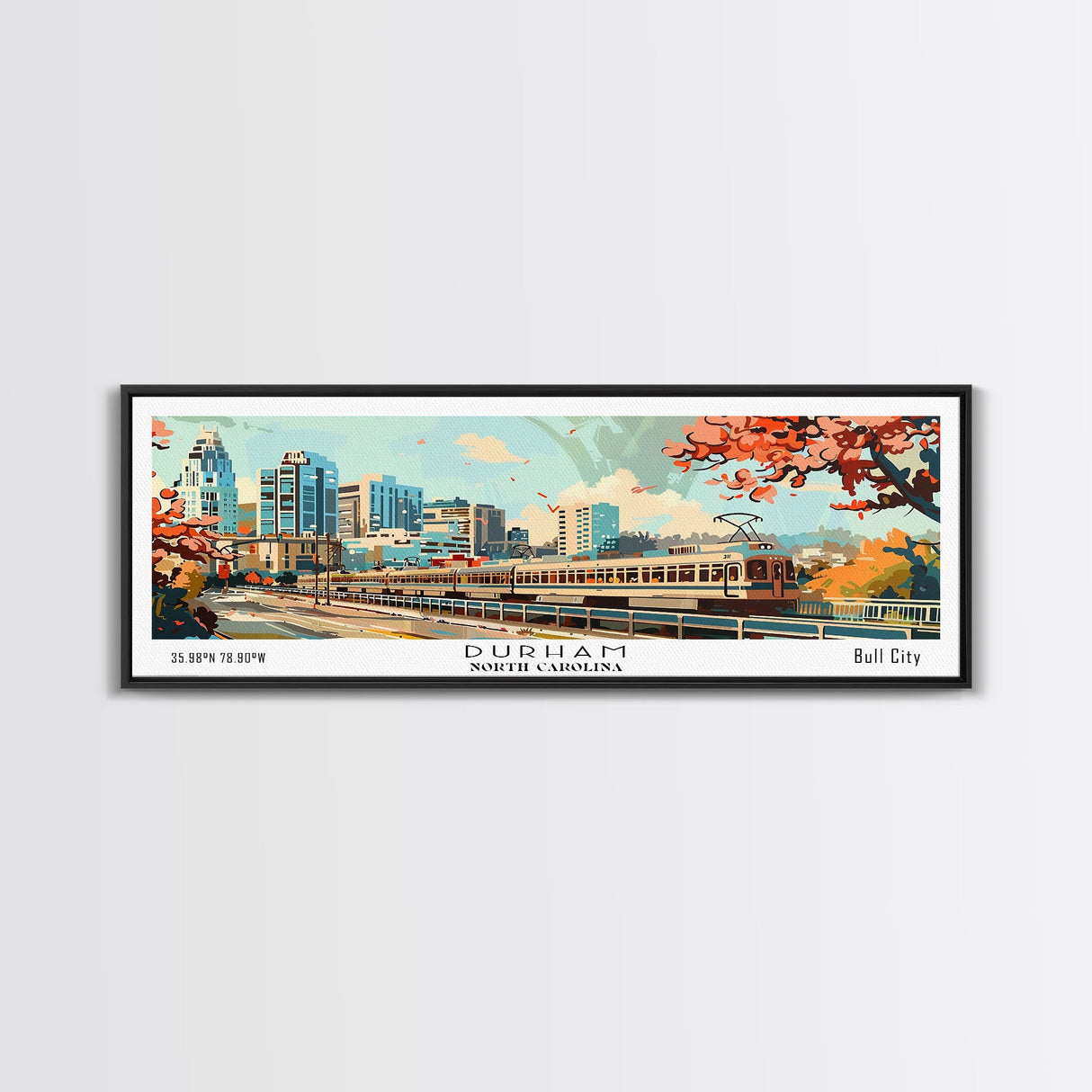 Durham North Carolina Panoramic Painting, Mid Century Modern Framed Canvas Print, Retro Pop Art Travel Poster, Wall Decor, Home Decor, Wall Hanging