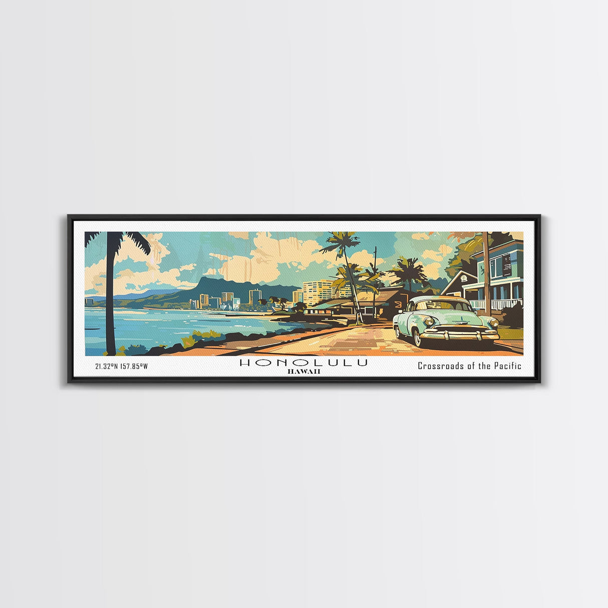 Honolulu Hawaii Panoramic Wall Art, Mid Century Modern Framed Canvas Print, Retro Pop Art Travel Poster, Living Room Art, Office Decor, Wall Hanging