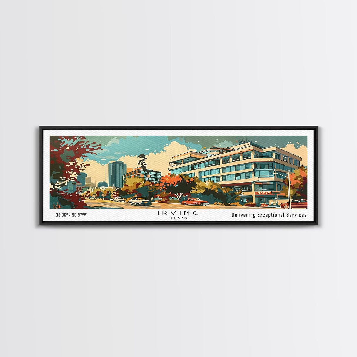 Irving Texas Panoramic Painting, Mid Century Modern Framed Canvas Print, Retro Pop Art Travel Poster, Wall Art, Home Decor, Office Wall Art, Gift Idea